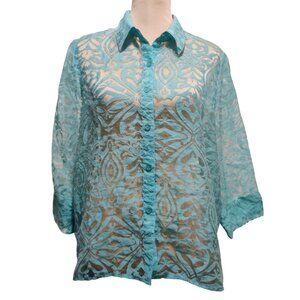 Womenx XL Blouse Turquoise Blue Sheer Burnout Vintage Button Front Floral Damask